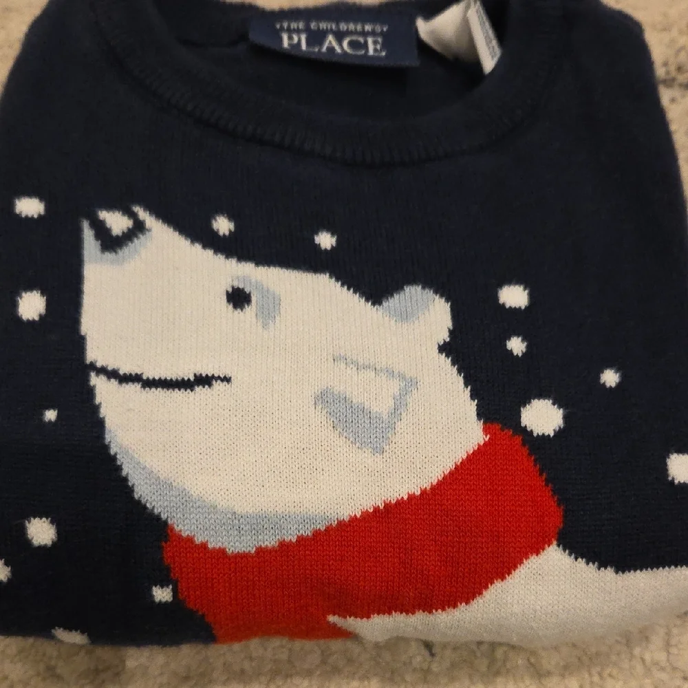 Children's Place Navy Polar Bear Sweater with Red Scarf 3T